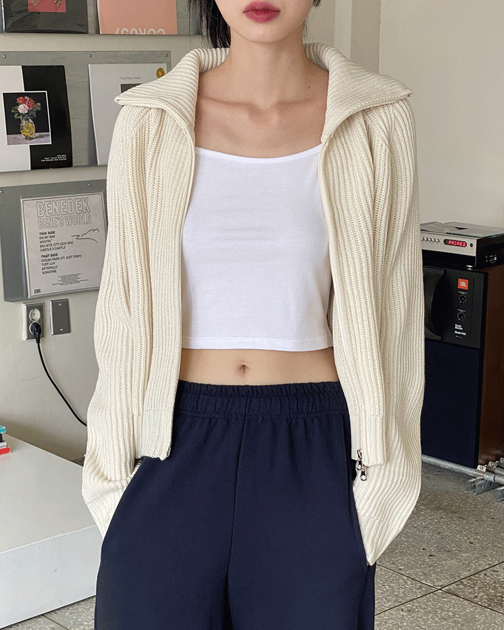 크림비 투웨이 카라 오버핏 니트 집업