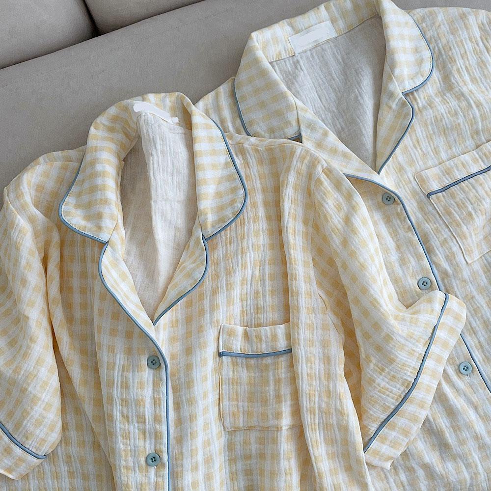 레몬 체크 반팔 커플 잠옷 세트 여름 순면 파자마