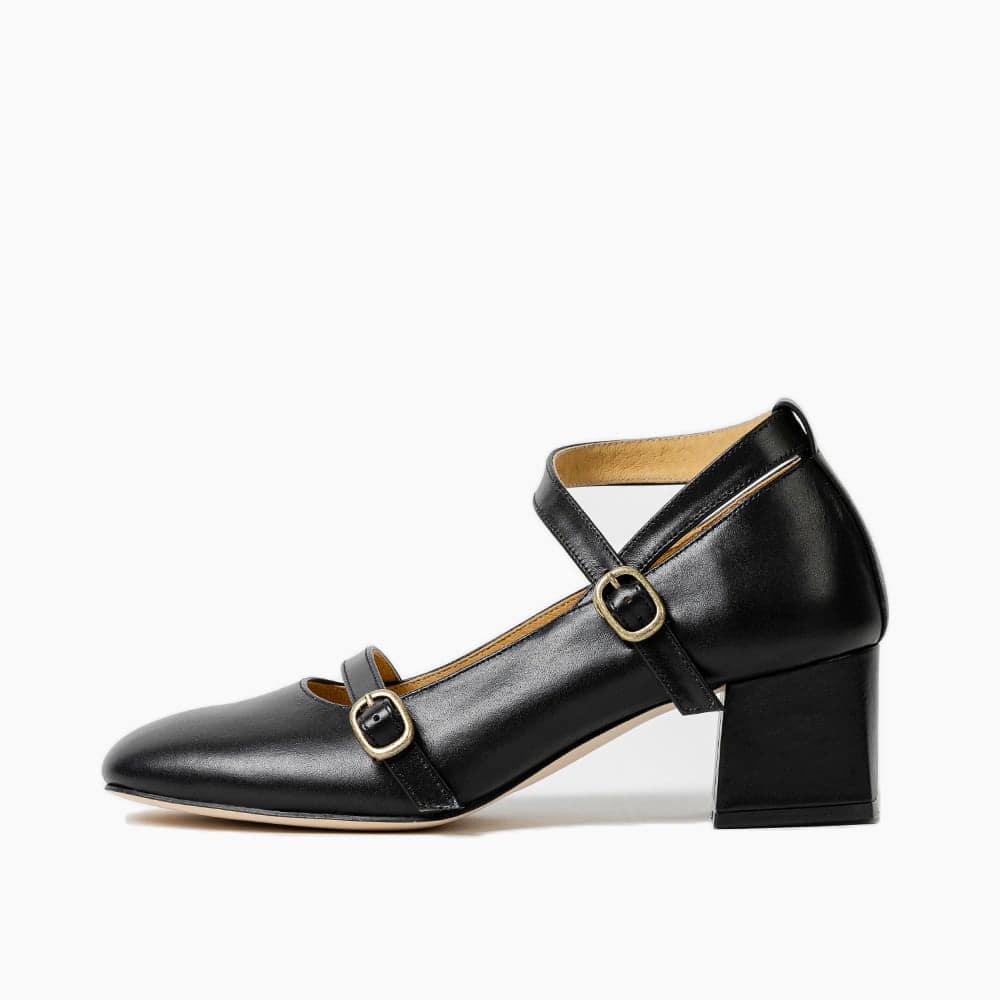 8150 블랙 소가죽 듀얼 스트랩 펌프스