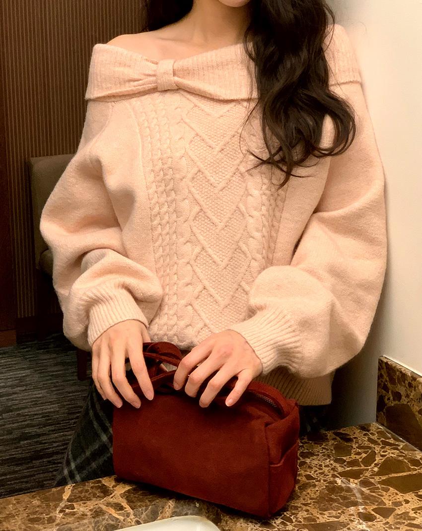 오디너리먼트 (릴스 문의 폭주!)슬로 니트 리본 꽈배기 오프숄더 4color!