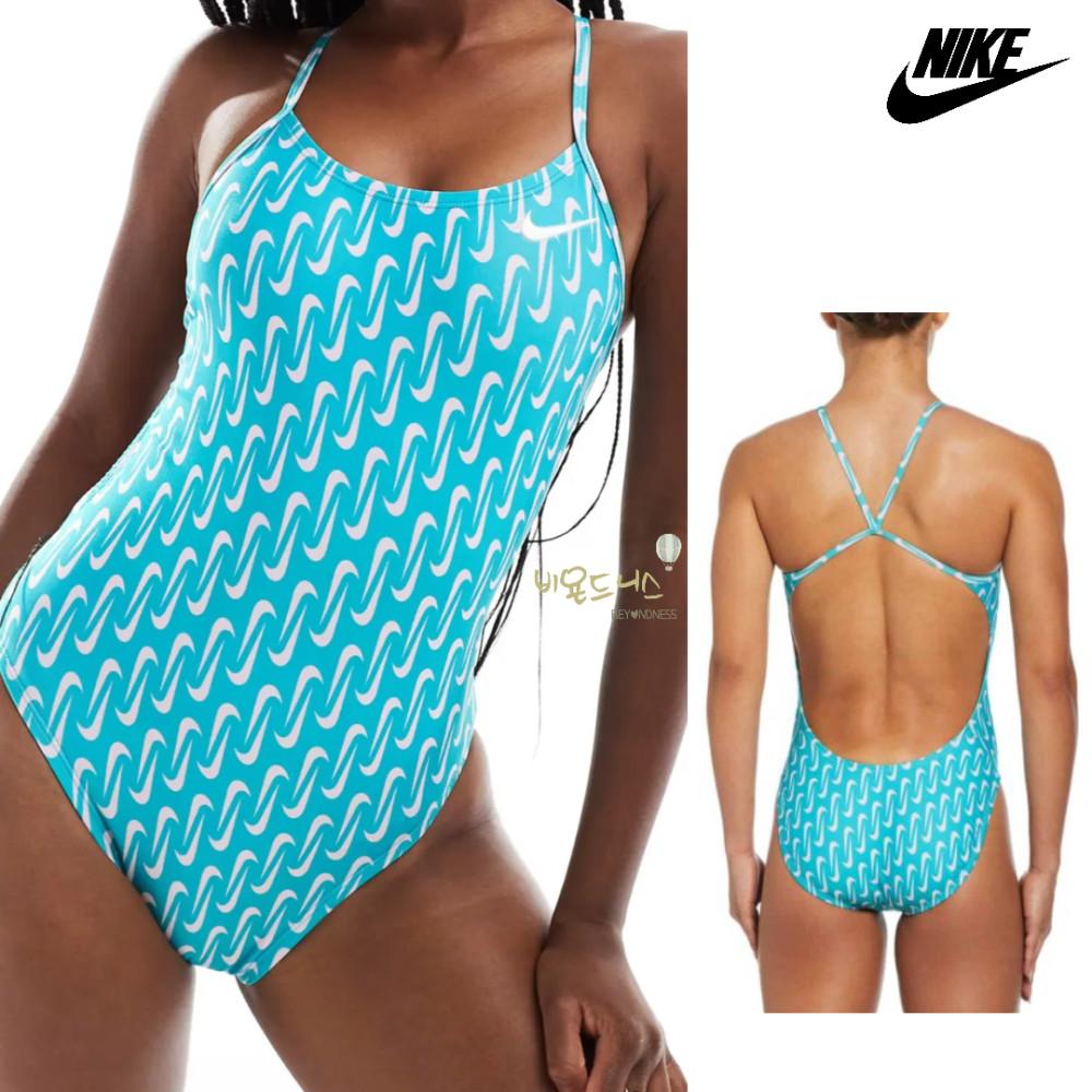 나이키 컷아웃 스우시 링크 블루 여성 하이드라스트롱 멀티 프린트 강습용 실내 원피스 수영복