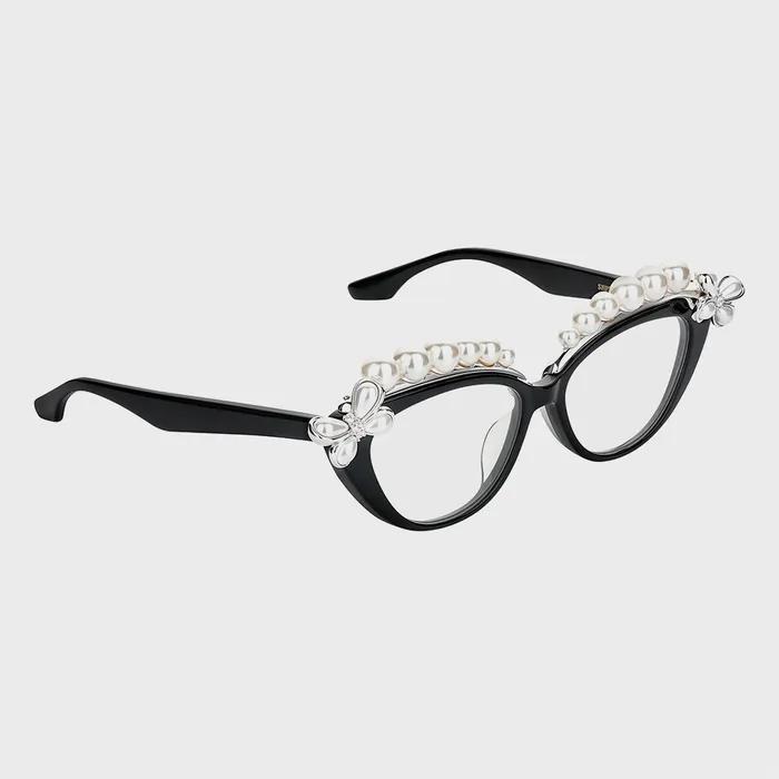 (W) PEARL FLOWER SIMPLE GLASSES (BLACK)