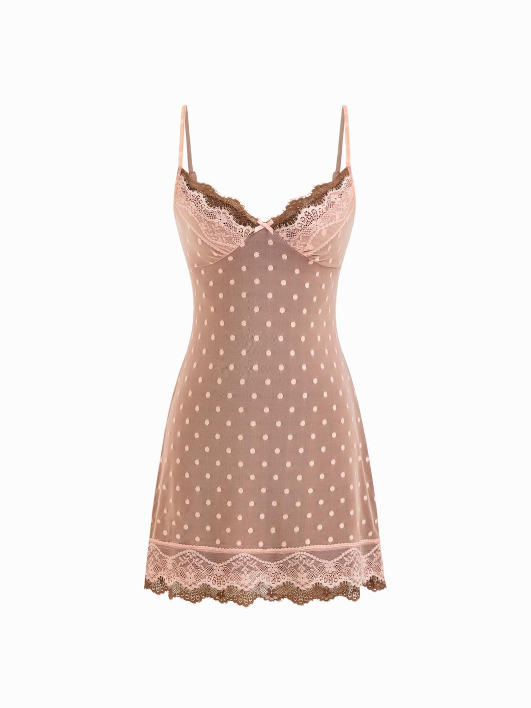 Mesh Sweetheart Polka Dot Lace Trim Slip Mini Dress