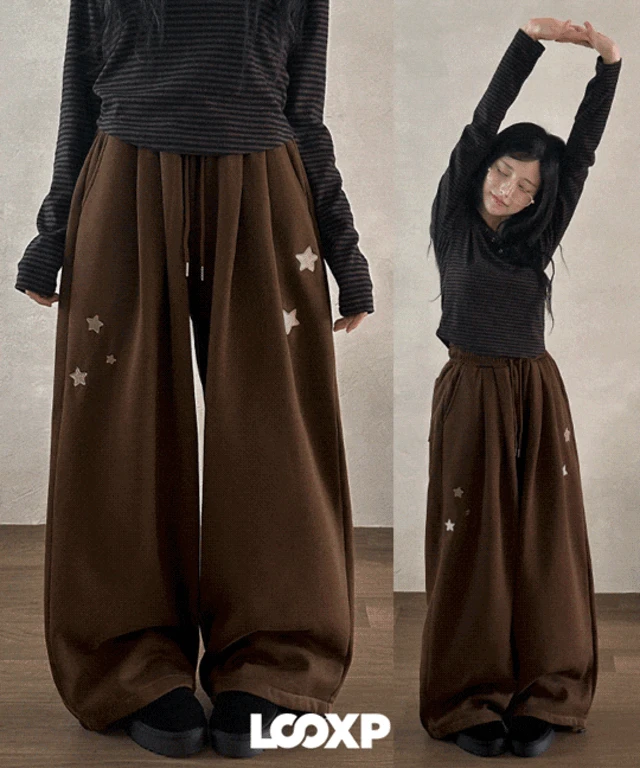 [LOOP/MADE] 더블 스타 자수 기모 핀턱 밴딩 와이드 벌룬 롱팬츠