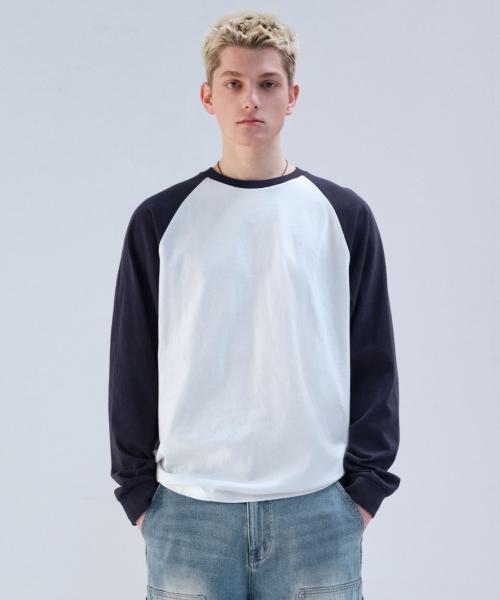 릴렉스드 립 커프스 래글런 긴소매 티셔츠 [화이트/네이비]