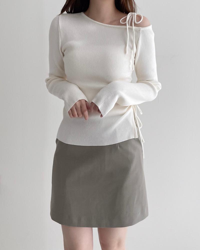 리나 언발 리본 스트링 소프트 오프숄더 골지 니트 하객룩 발레코어