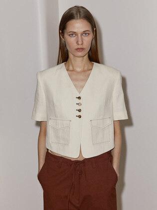 SINGLE STITCH DETAILED CROP JACKET - CREAM