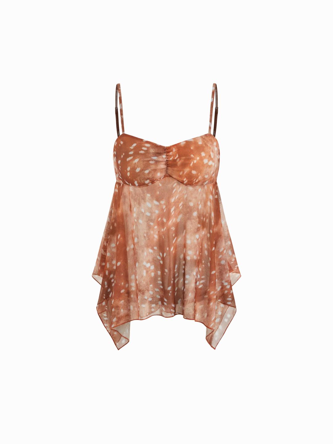 Mesh Deer Print Sweetheart Neck Asymmetrical Hem Ruffle Cami Top