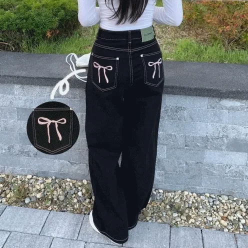 [리본포인트🎀/깔끔핏/자체제작] 핑크 스티치 리본 자수 하이웨스트 와이드팬츠 스트레이트핏 데님 롱팬츠
