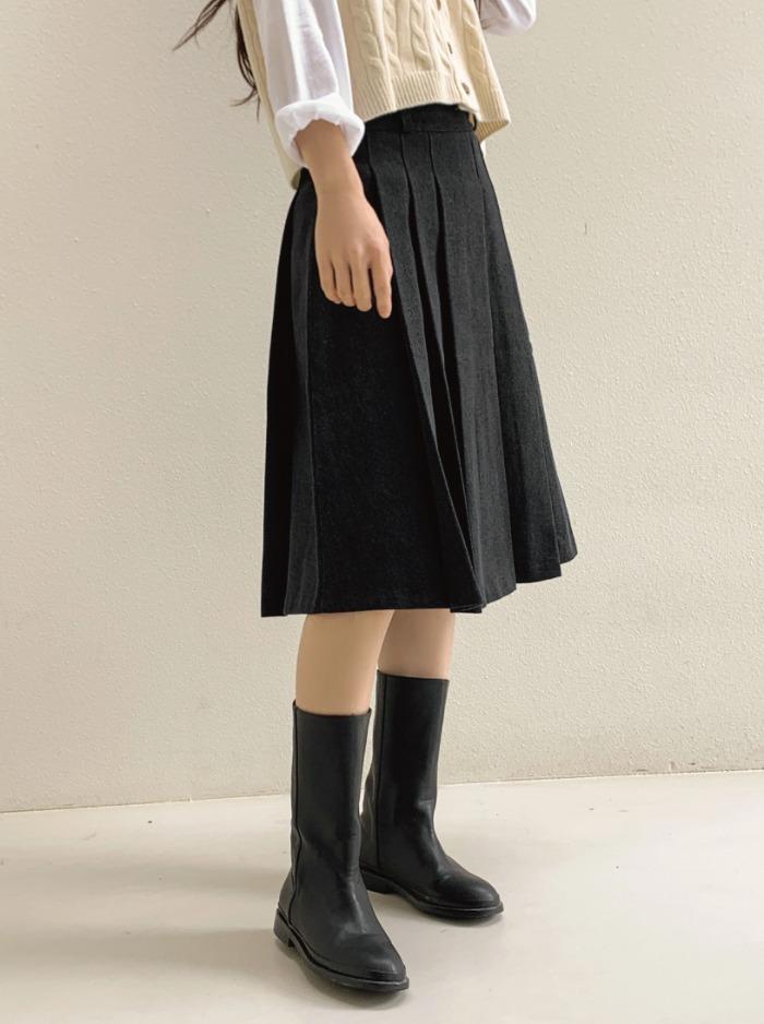 흑생지 기모 플리츠 미디스커트 - 1 color