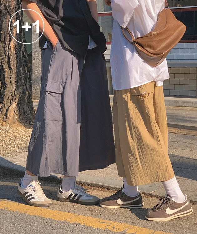 [1+1][남녀공용] 스웻 카고 나일론 와이드 버뮤다 팬츠