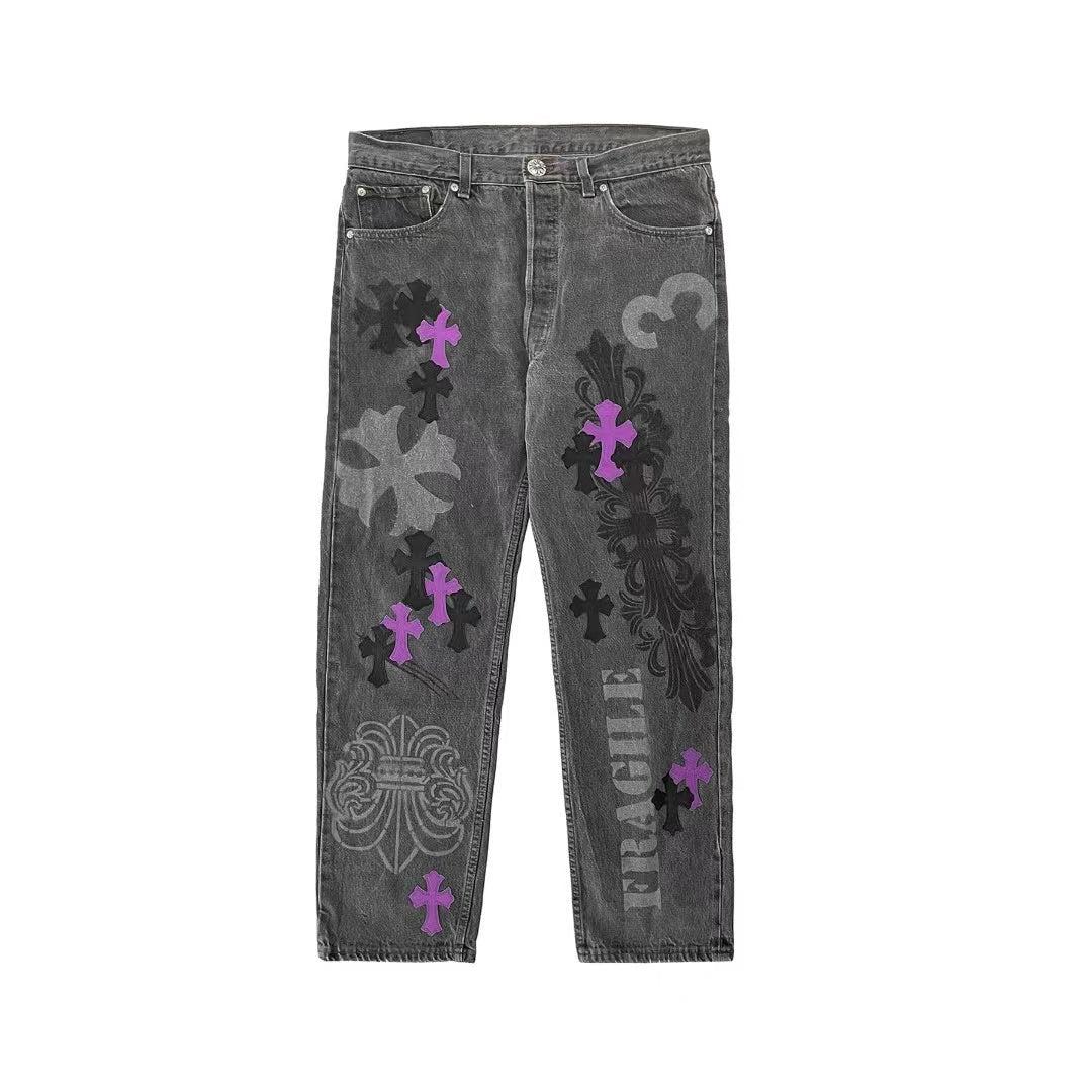 Chrome Hearts Online Exclusive Wash Gray Spray Purple Cross Jeans - 29