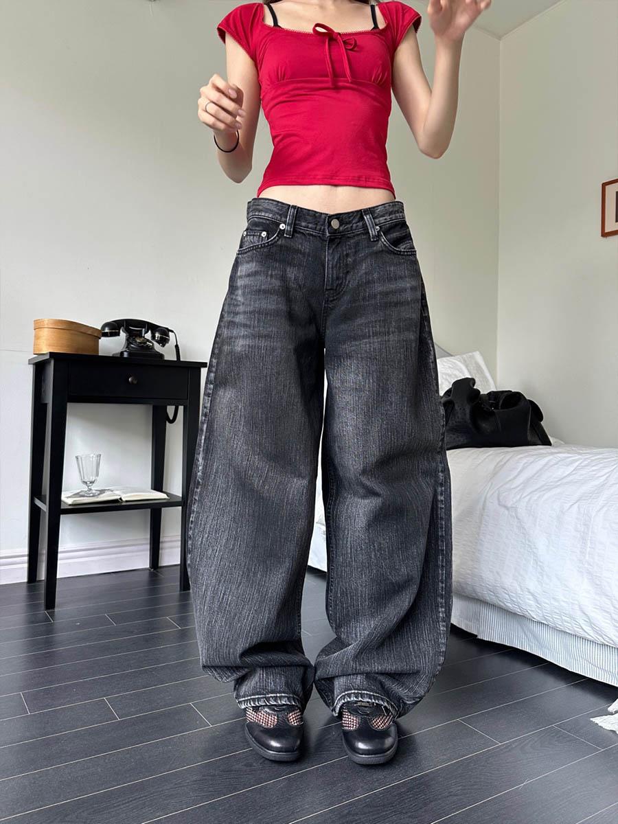 Black washed wide jeans