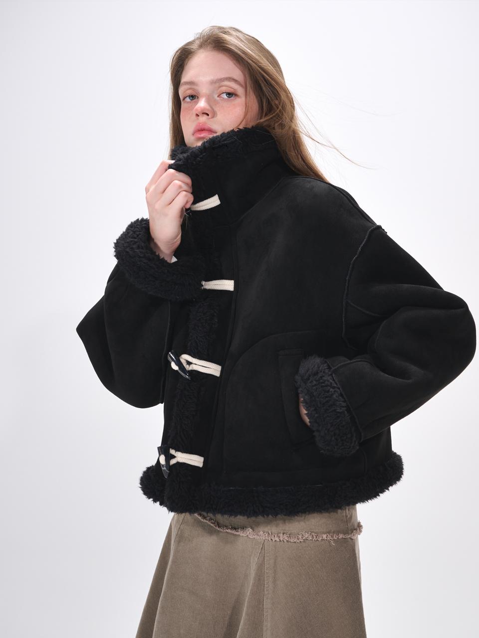 High-Neck Suede Mustang Coat, Black