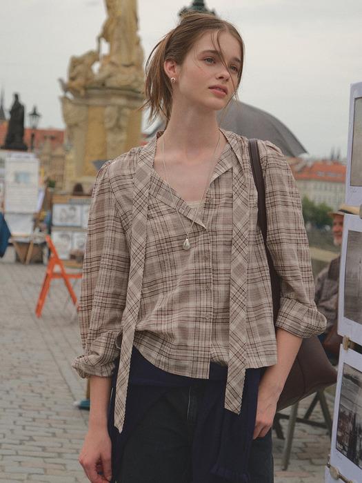 자수 타이 블라우스 (Ivory/Brown check)_2FFUBL03
