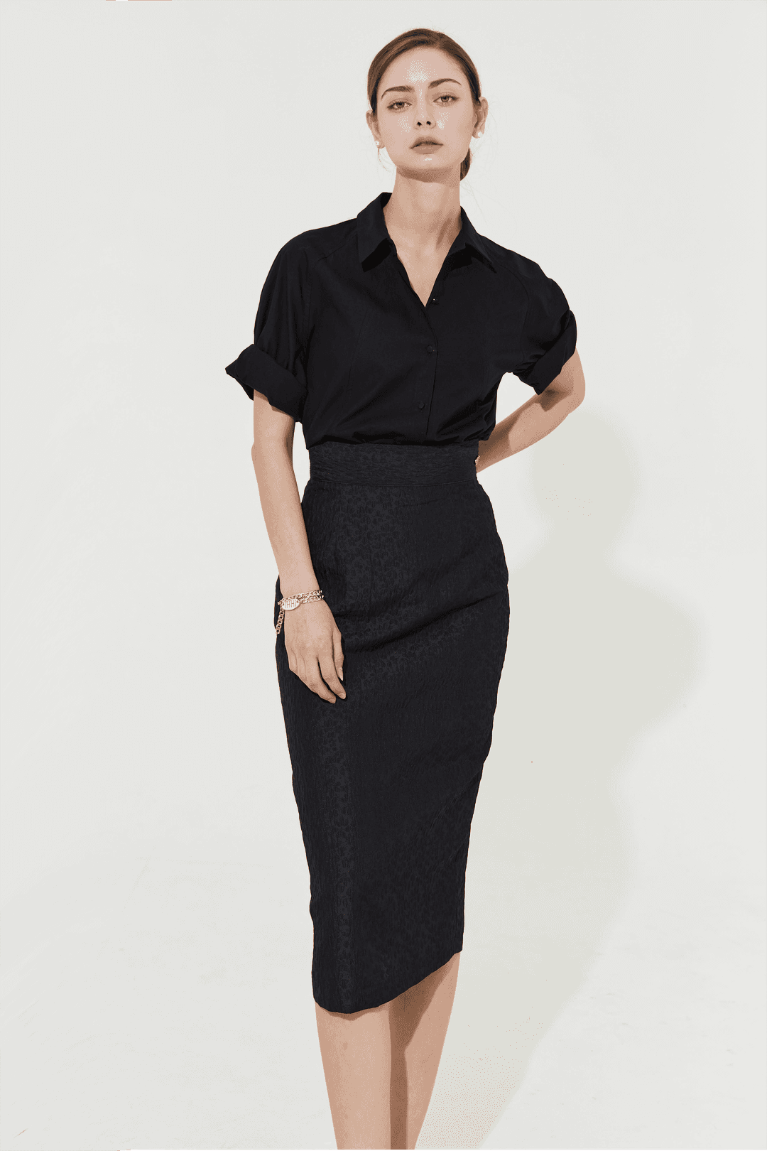 자카드 펜슬 스커트 -블랙-