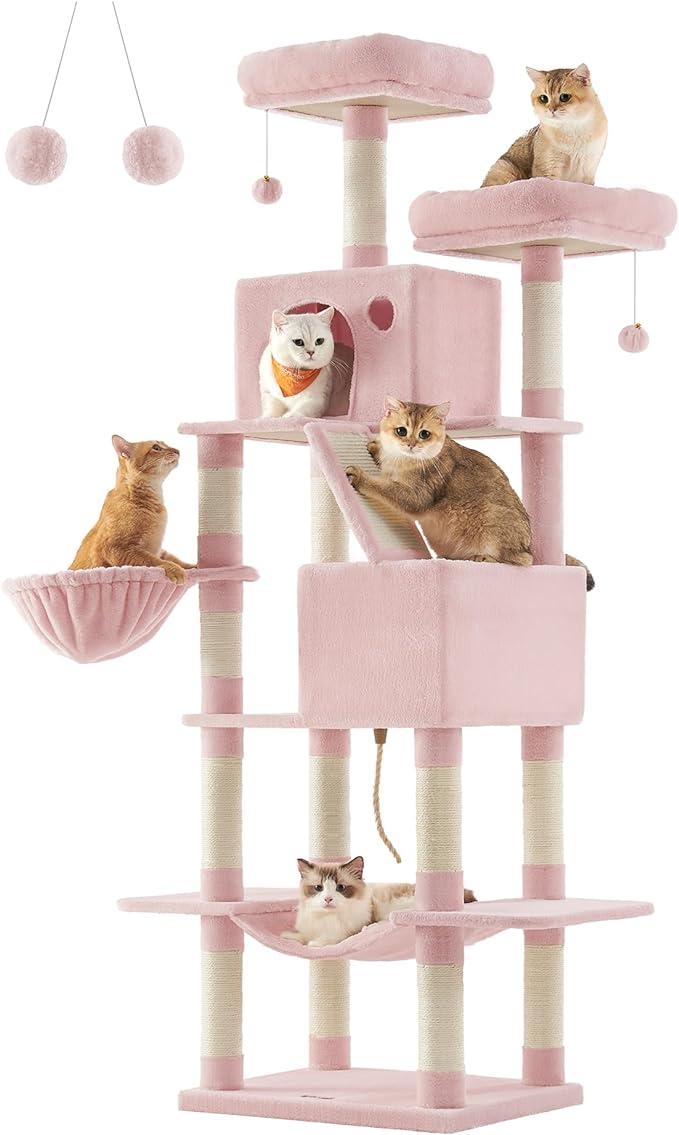 Feandrea 캣트리, 203.9cm(81.1인치) 대형 캣타워, 스크래치 기둥 13개, 횃대 2개, 동굴 2개, 바구니, 해먹, 폼폼, 실내 고양이를 위한 다층 플러시 고양이 콘도, 젤리 핑크 UPCT190P01
