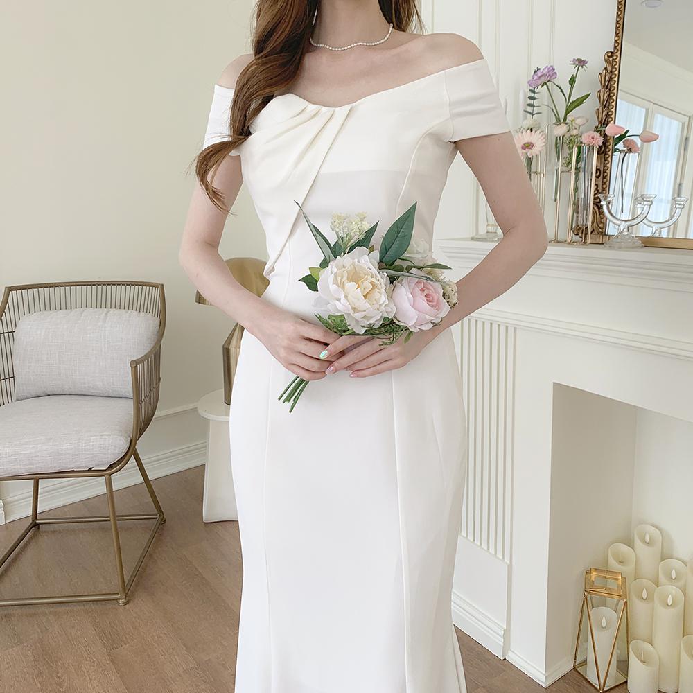 아이비 오프숄더 머메이드 셀프웨딩 드레스 브라이덜샤워 이브닝 피로연 돌잔치 파티 원피스