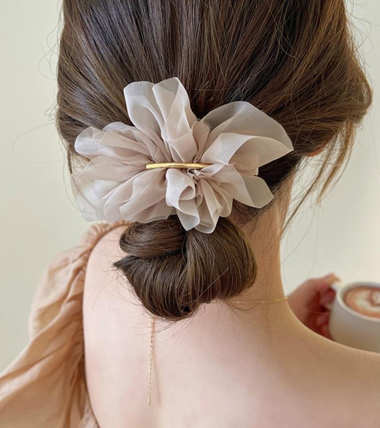골드 금장 라인 봄 쉬폰 플라워 반묶음 자동 헤어핀 3color