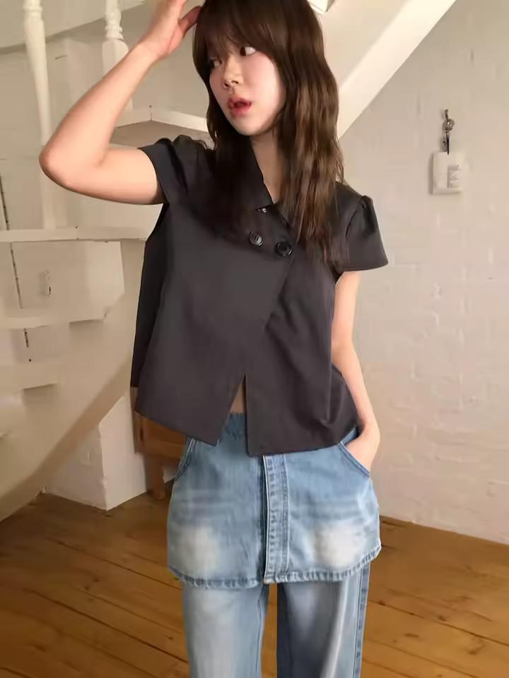 루즈핏 캐주얼 여성 버블 소매 셔츠 더블 버튼 레트로 디자인 여름 신상 컬리지 스타일 탑 한국 버전 반팔