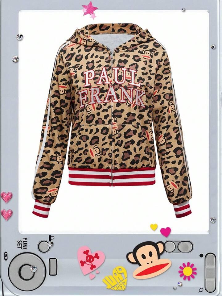 Paul Frank X ROMWE Y2K Subculture Leopard Print Letter Embroidered 3D Ear Decor Hoodie