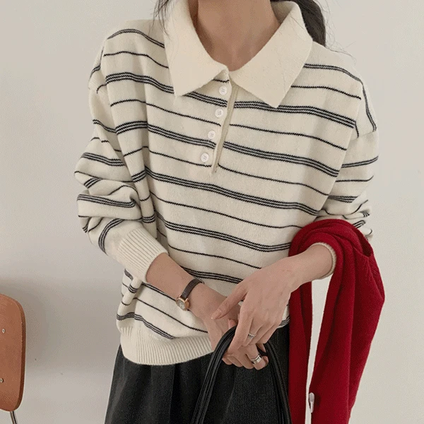 [오늘출발/3컬러/자체제작/주문폭주] 앙뷰 카라 스트라이프 니트