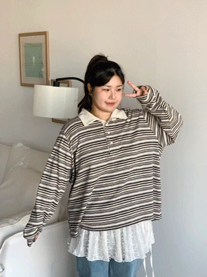[55-120]빅사이즈 사운드 스트라이프 니트 루즈핏 오버핏 럭비 티셔츠