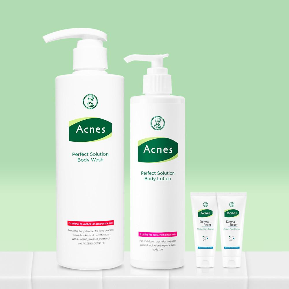 아크네스 퍼펙트 솔루션 바디워시 500ml + 아크네스 퍼펙트 솔루션 바디로션 300ml + 더마릴리프 모이스처 폼 10ml 2개 증정
