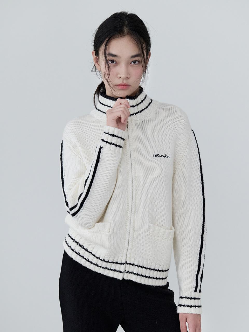 MAISON DE ROLA EMBROIDERY WOOL BLENDED KNIT ZIP-UP IVORY