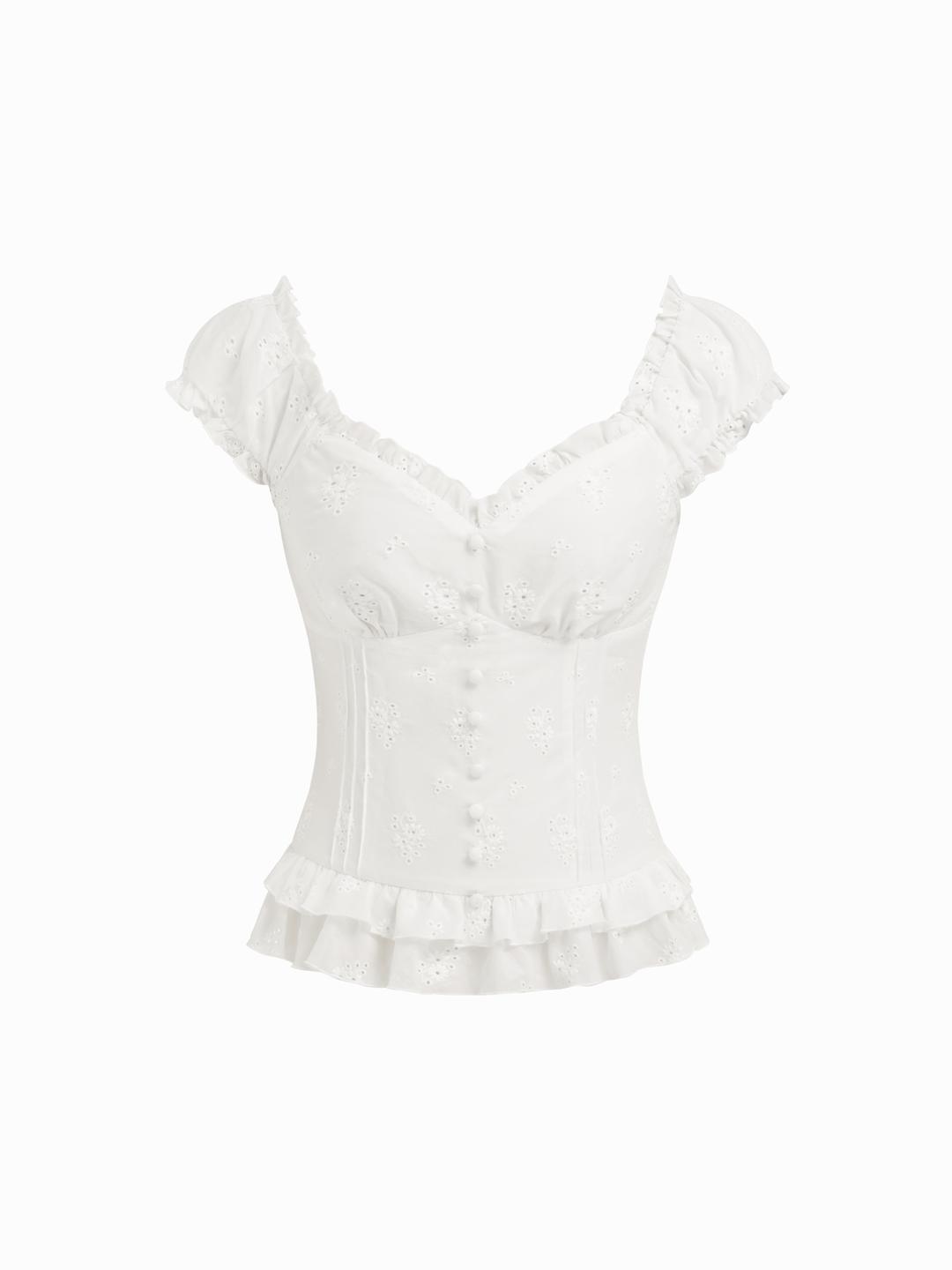 Cotton Embroidery Floral Ruffle Hem Button Blouse