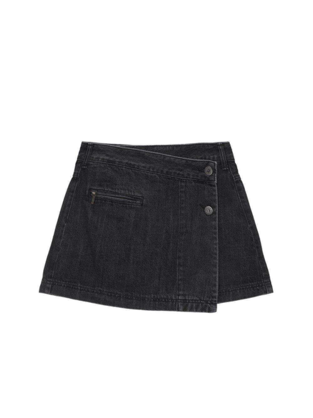 PLEATS WRAP DENIM MINI SKIRT IN BLACK