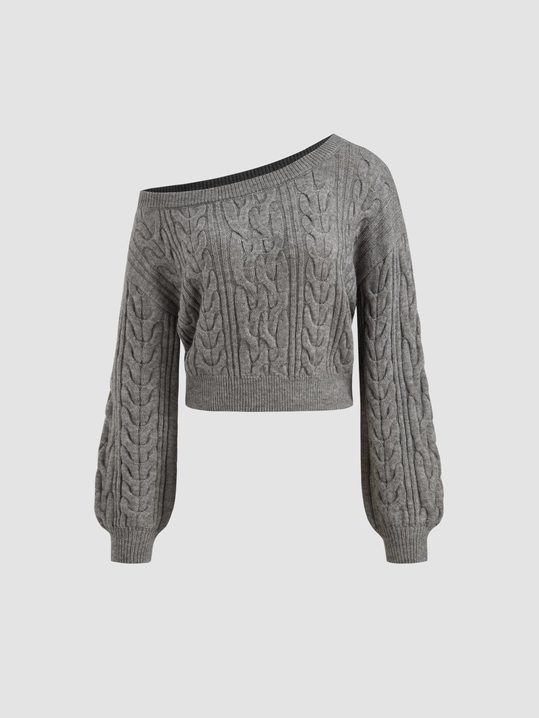 Cable Knit Asymmetrical Neck Oversized Long Sleeve Top