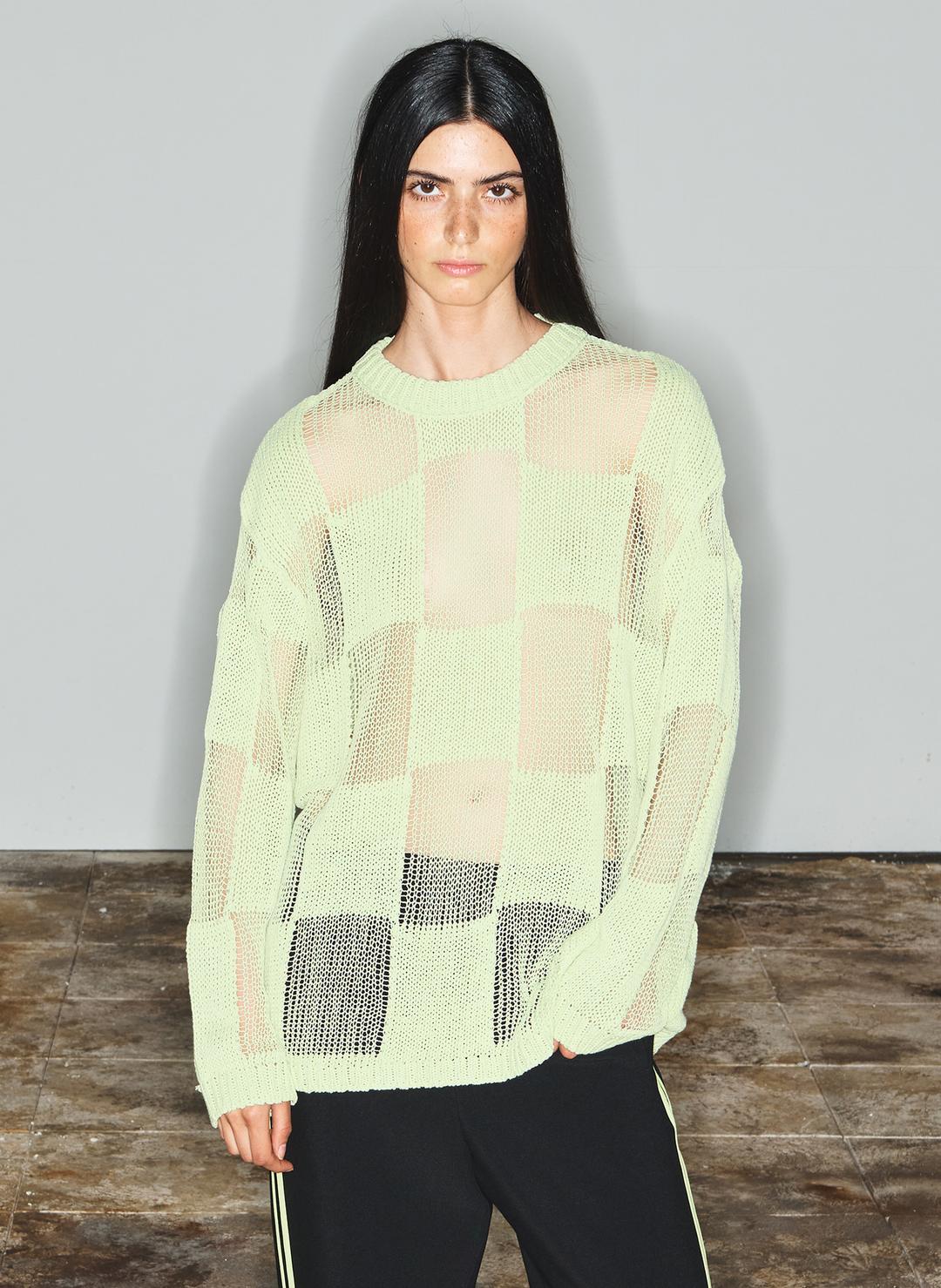 PAPER YARN CHECKER BOARD PULLOVER, LIGHT GREEN