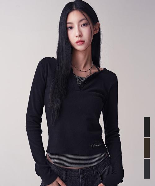 Sally V-cut Stripe Layered Tee_3Colors