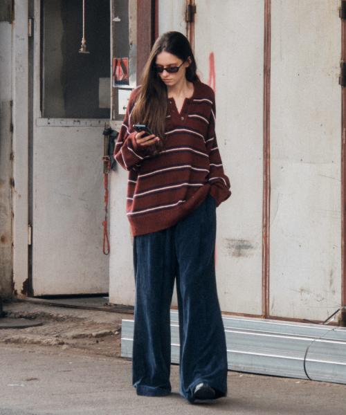 Wool Mohair Stripe Long Sleeve Knit_CTK235(Wine)