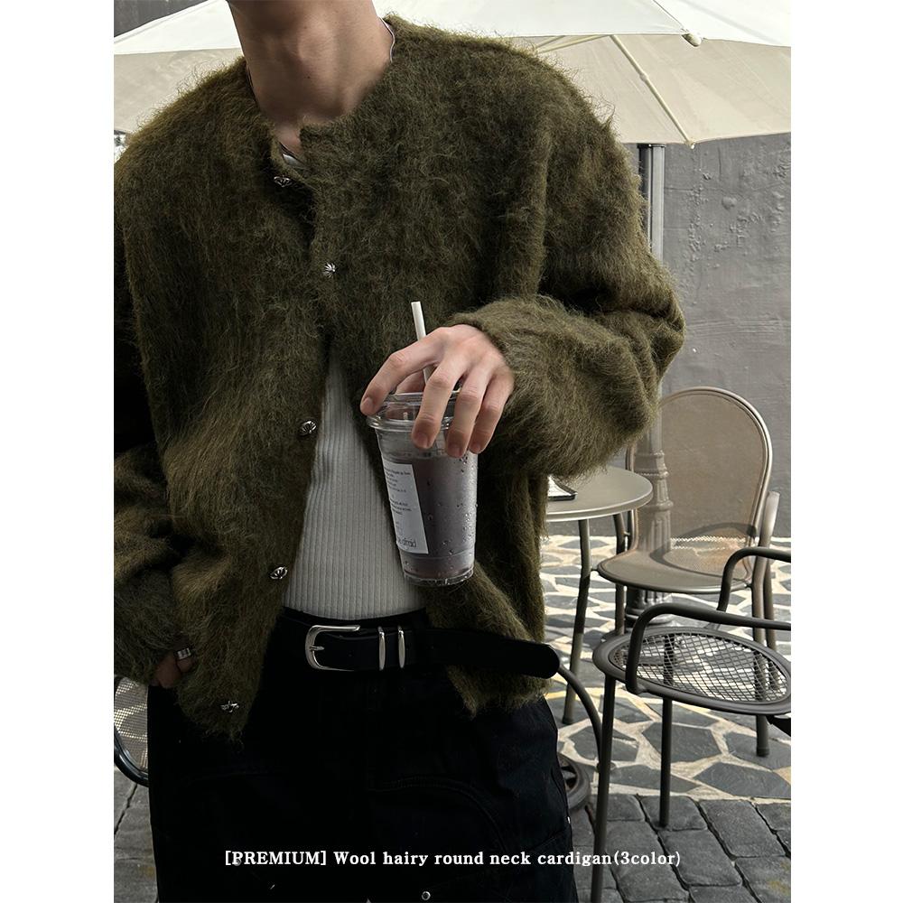 [BEST][PREMIUM] Wool hairy round neck cardigan(3color)