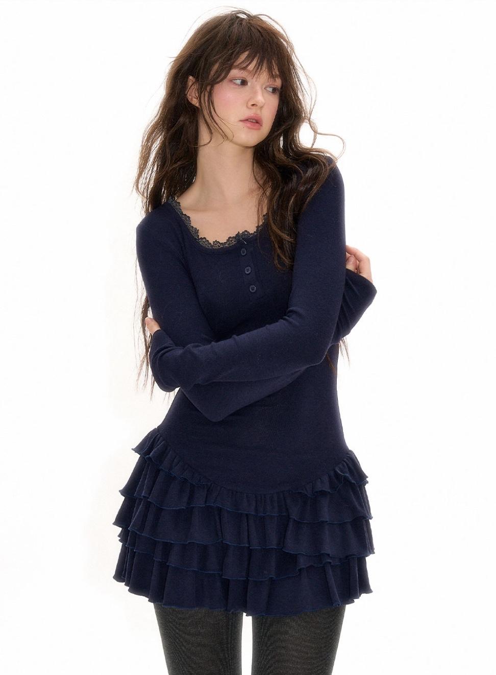 NECY STUDIO Slim Lace Ruffle Dress (2color)