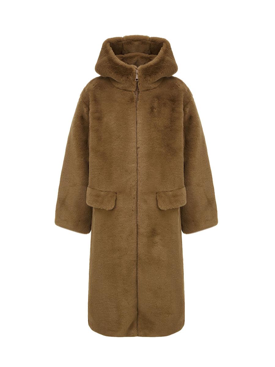 COMELY HUG Hooded Zip-up Faux Fur Coat [Tobacco Brown]
