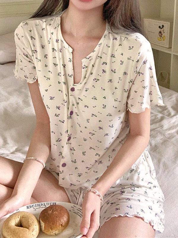 화이트플라워 반팔 상하세트 파자마 잠옷