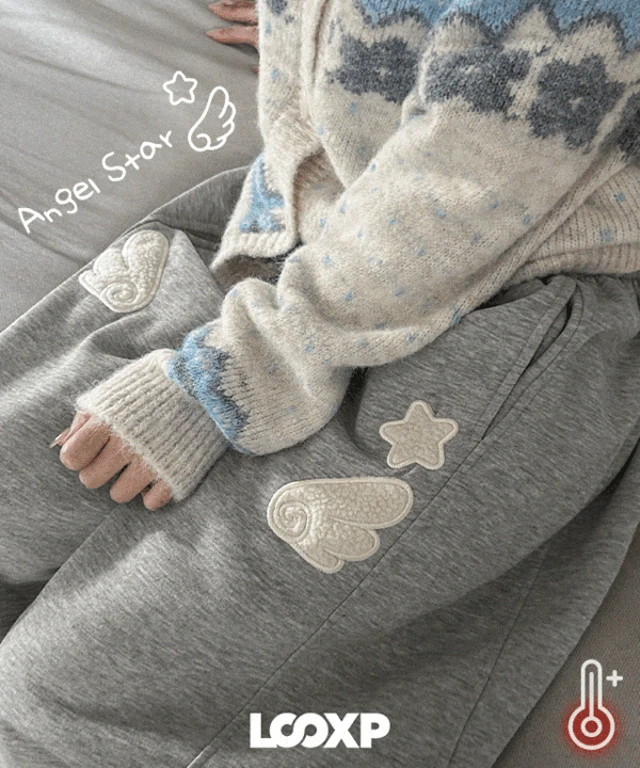 [LOOP/MADE] 엔젤 뽀글 패치 절개라인 와이드 기모 트레이닝 롱팬츠