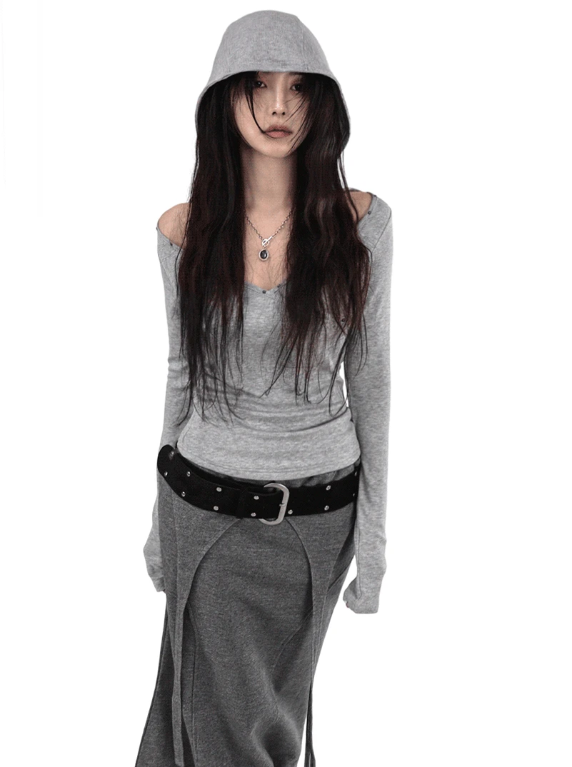 CUTD RIVET STUD V-NECK WRAP HOOD TOP 컷드 리벳 스터드 브이넥 오프숄더 랩후드 탑  (4COLORS)