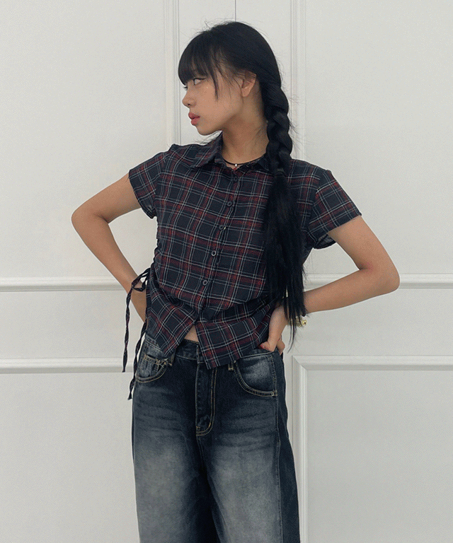 포하우스 체크 사이드 셔링 반팔셔츠