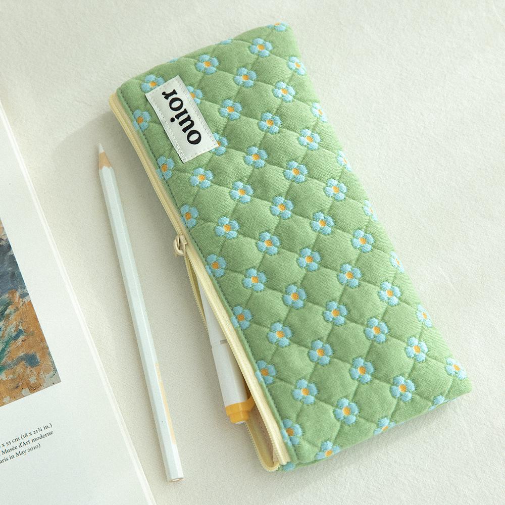 ouior flat pencil case - dot flower pistachio (topside zipper)