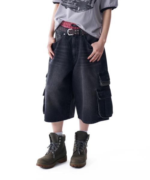 Camo Patch Bermuda Denim Cargo Pants (Black)
