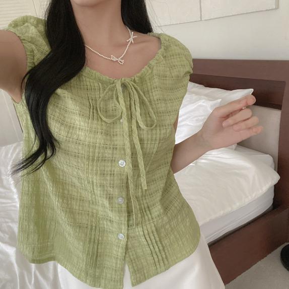 당고언니 ★기획★[그린당일출고] 그린티핀턱캡BL(3c)  캡소매블라우스 핀턱블라우스 체크블라우스 셔링 시스루 보우트넥 리본 휴양지룩 비치룩 썸머룩 데이트룩