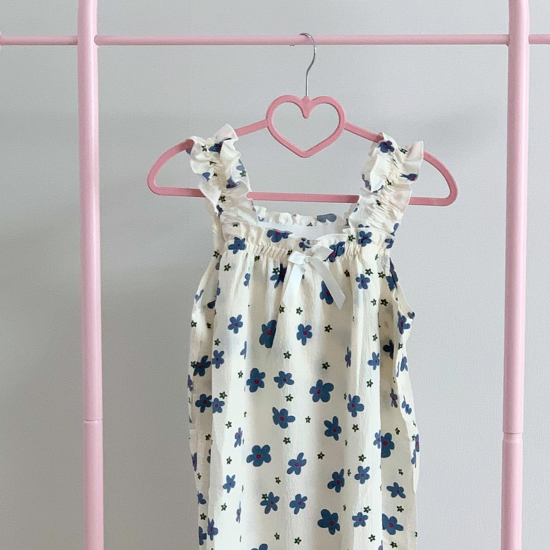 러블리 블루 플라워 여성 캡내장 파자마 잠옷 원피스 홈웨어