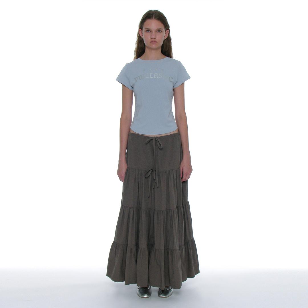 BOW STRAP SHIRRING TIERED MAXI SKIRT_CHARCOAL