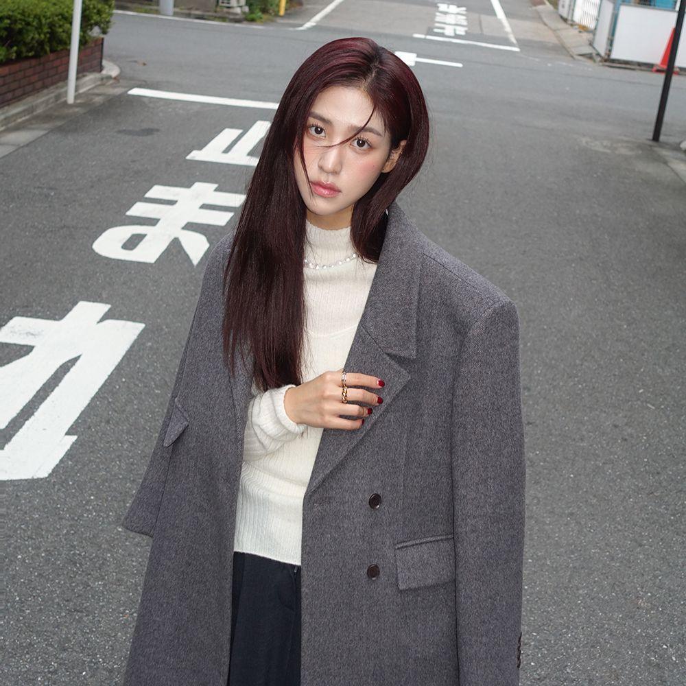 BASIC COLLAR LONG DOUBLE COAT (dust gray)