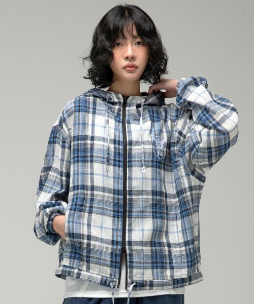 GJ083 파인 체크 후드 셔츠 자켓 (NAVY)