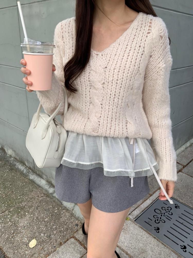 [르라니/당일] 우디 꽈배기 브이넥 울 니트 케이블 알파카 nt (2color)